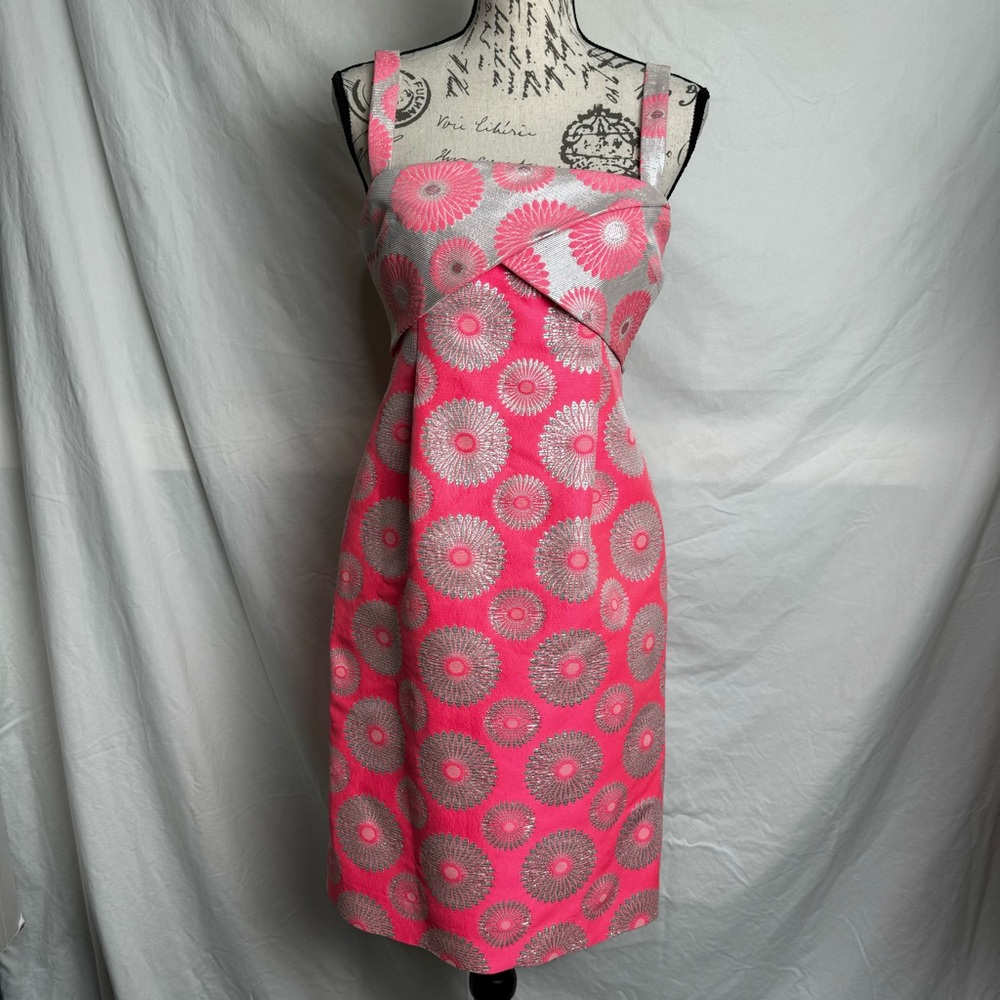 MAISON OLIVIA Italian Coral Pink and Silver Floral Dress Size 40 = S. NWOT